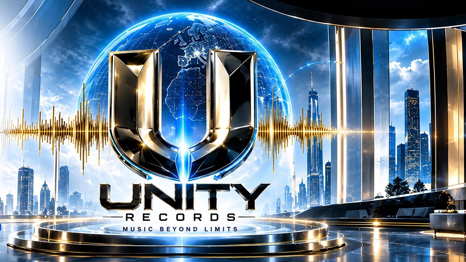 The Unity Records U mark over a networked globe above a city skyline